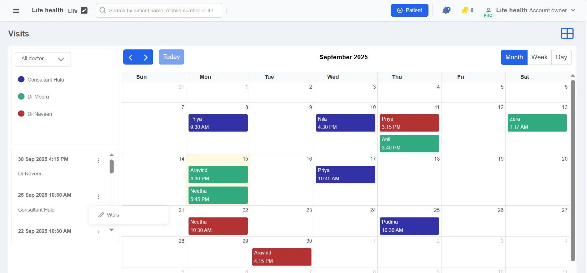 Doctor's Appointment Calendar and Patient Visit for physiotherapy clinic