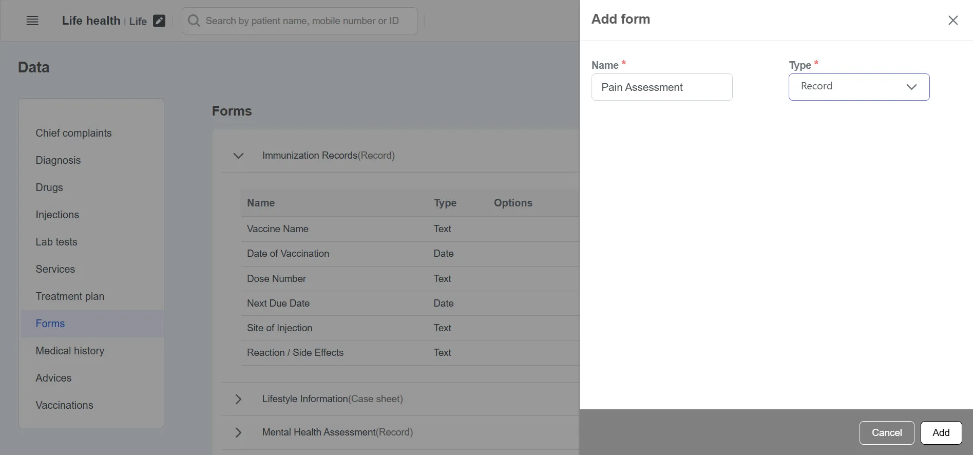 Clinicoz create custom patient form and add data collection