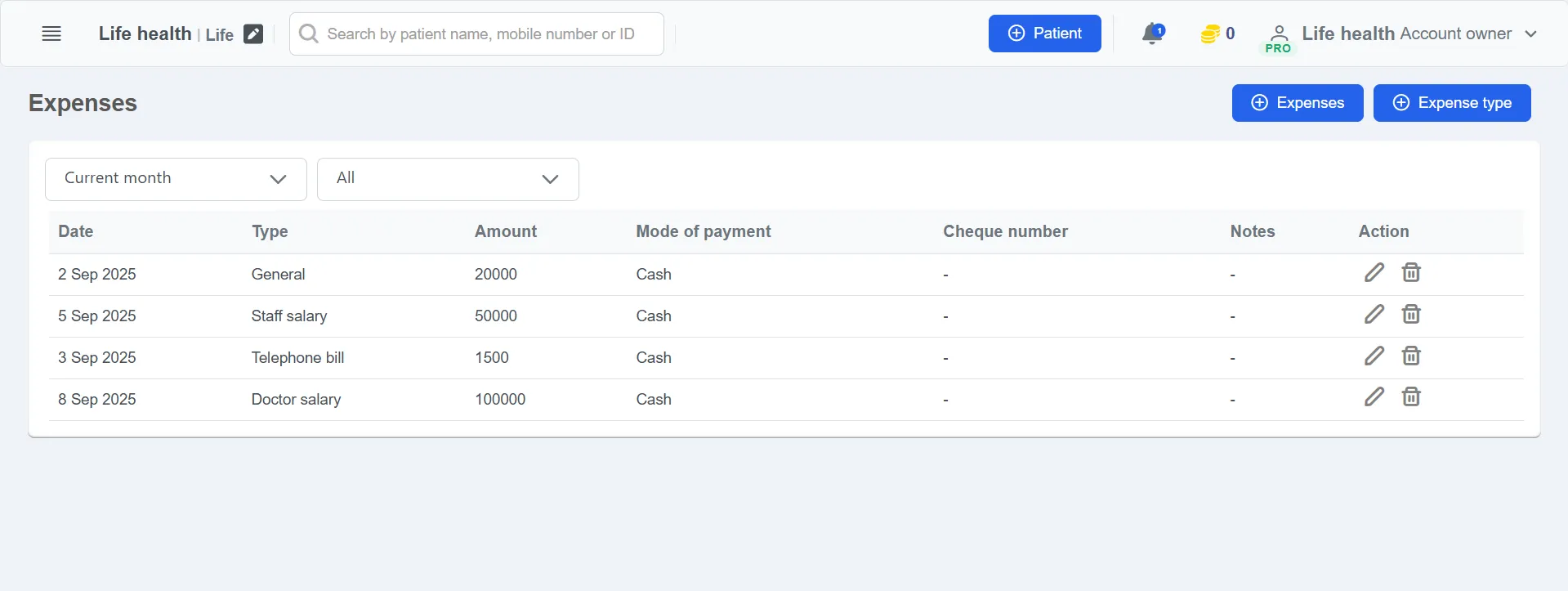 Clinicoz expenses management table