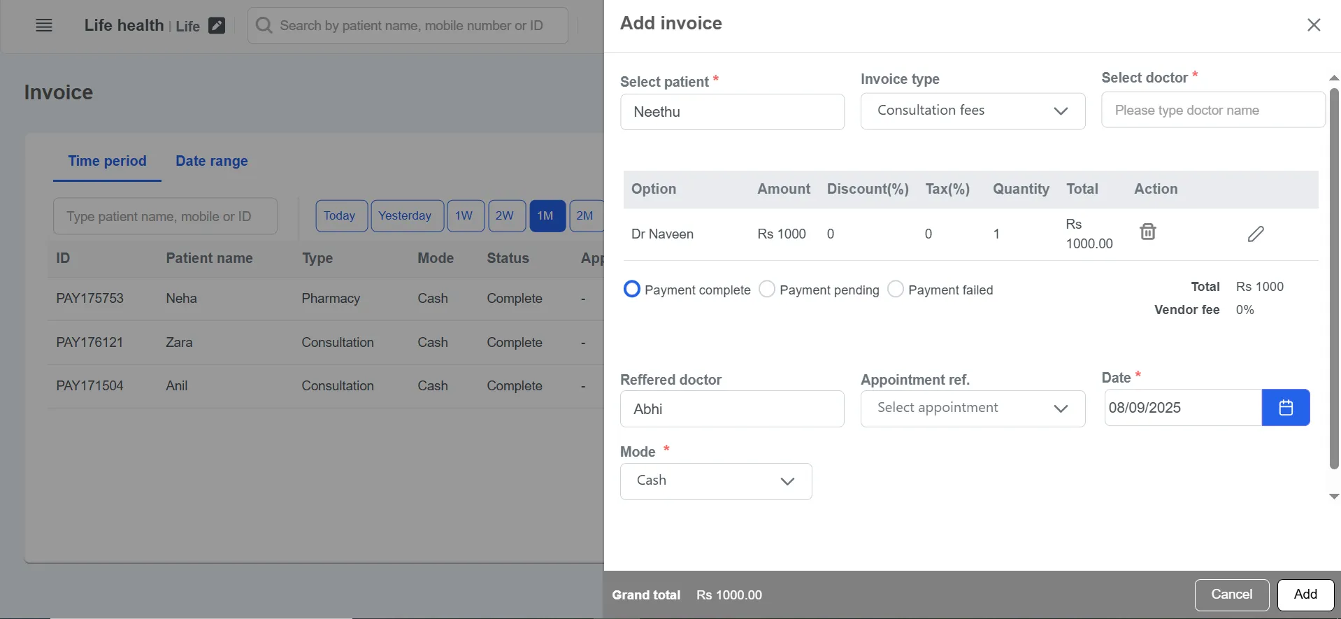 Clinicoz invoice bill management add form