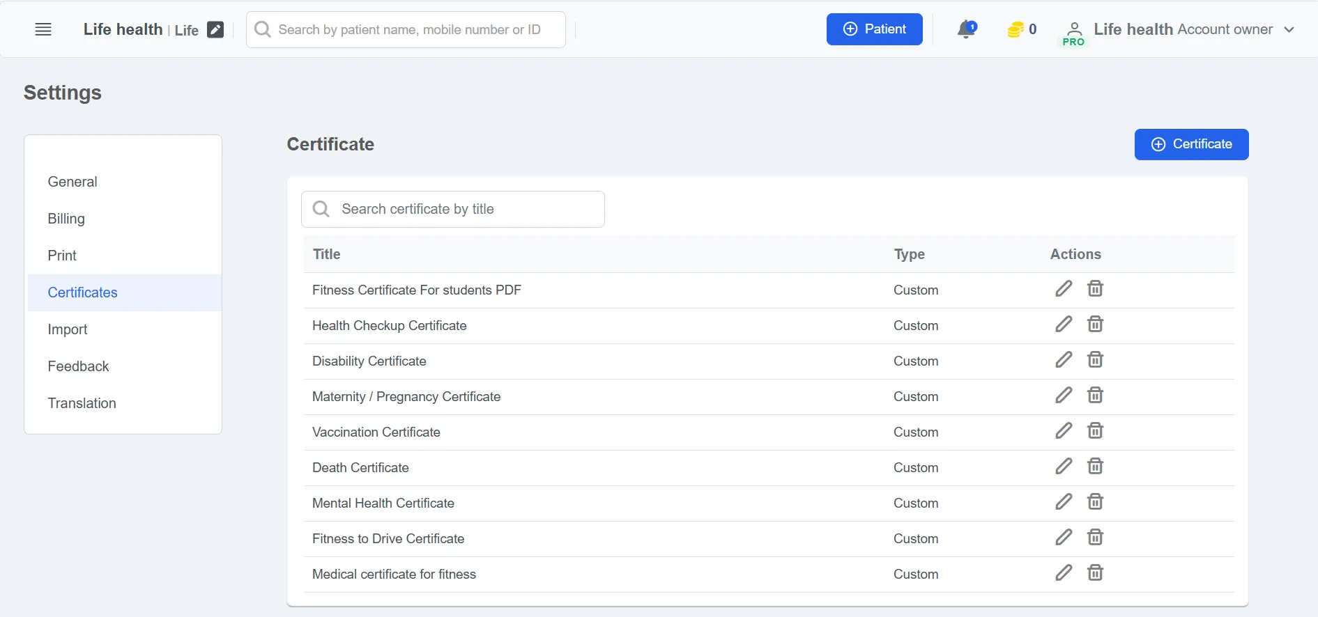Patient Medical Certificate & Templates for psychiatry clinic