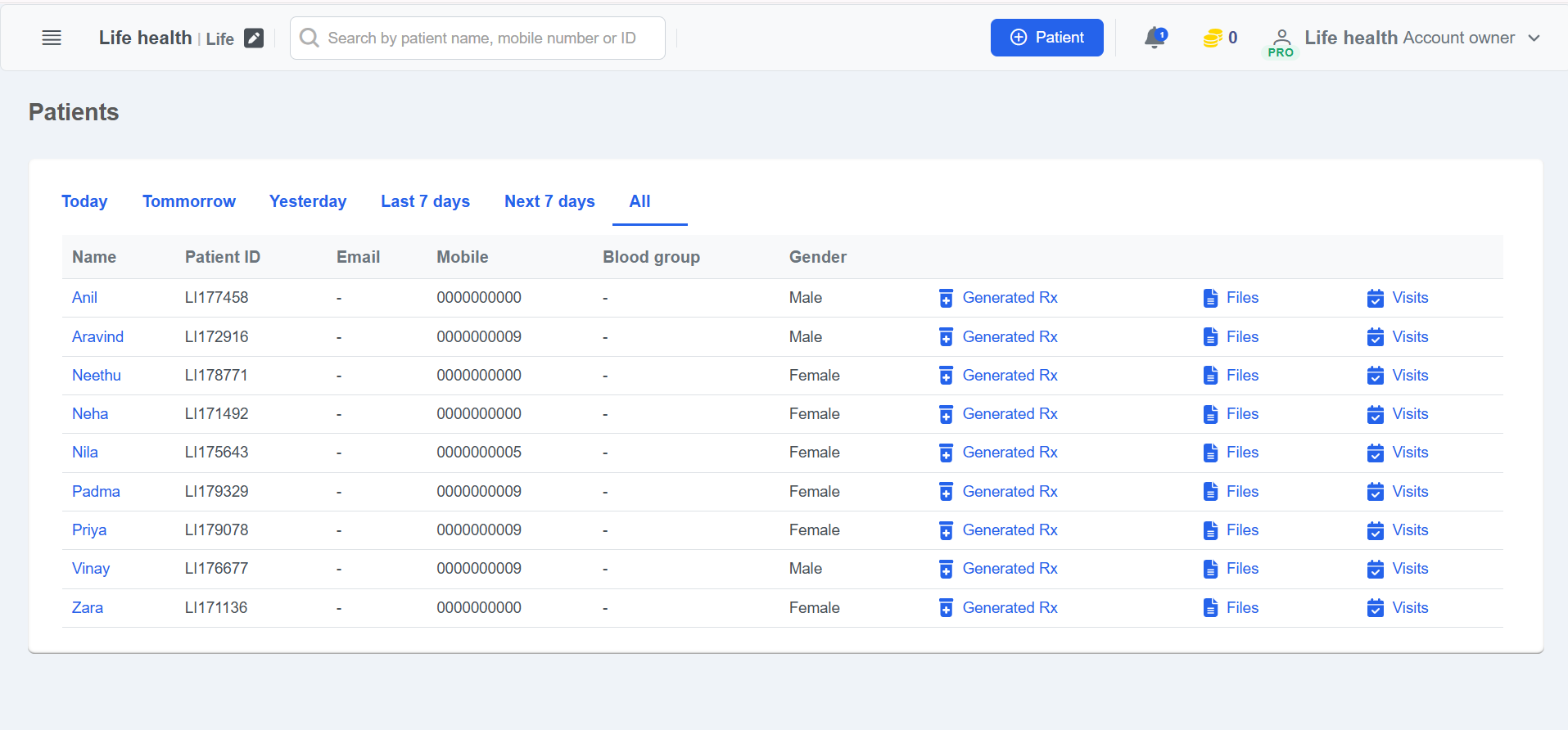 Clinicoz patient management table