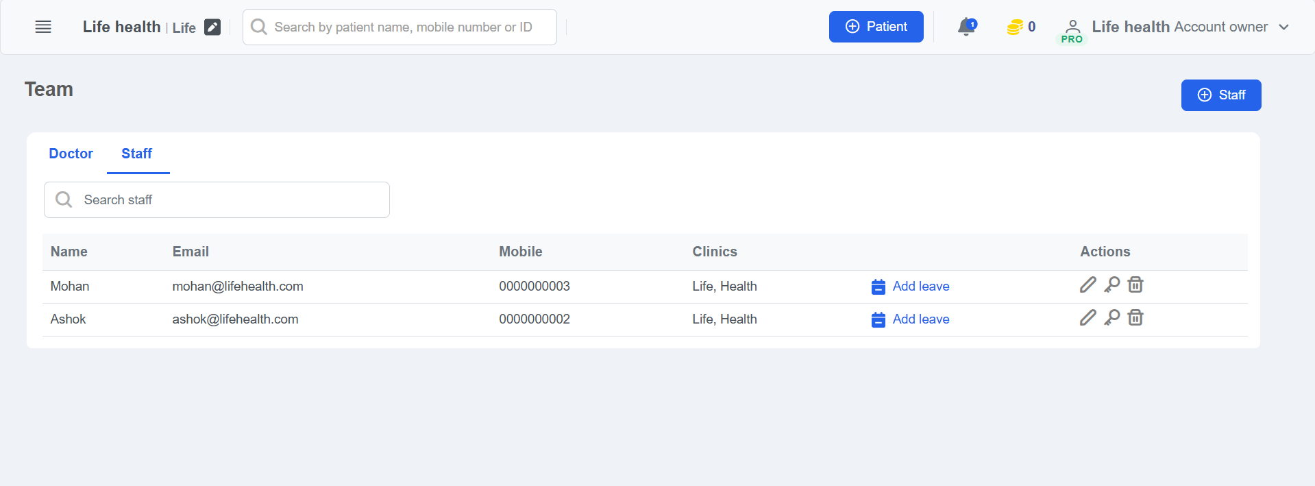 Clinicoz staff management table
