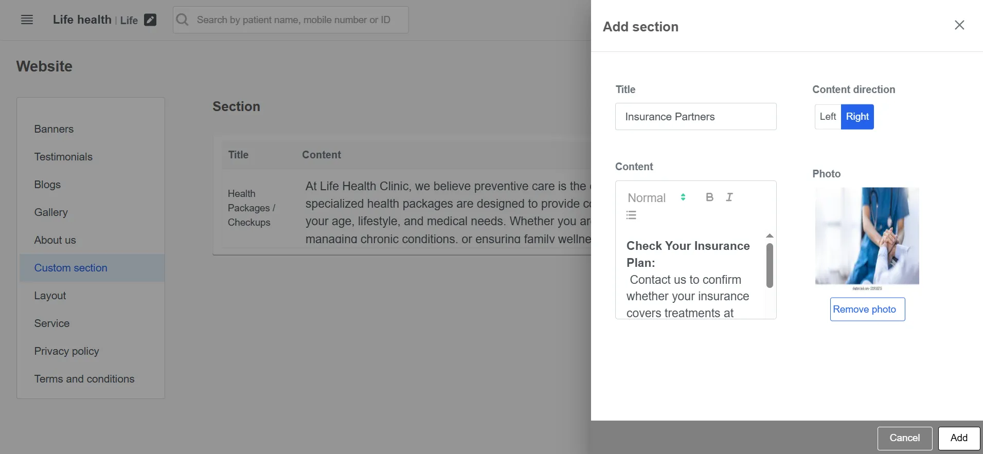 Clinicoz Free clinic website add section