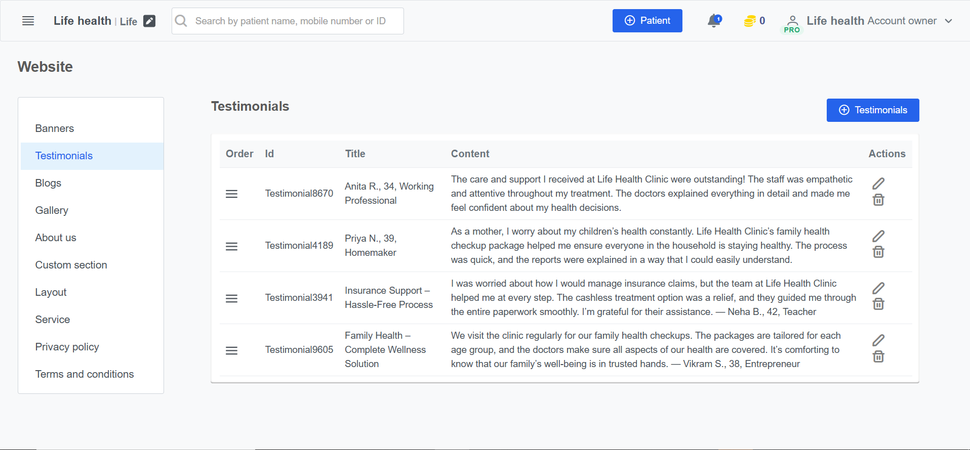 Clinicoz Free clinic website testimonials